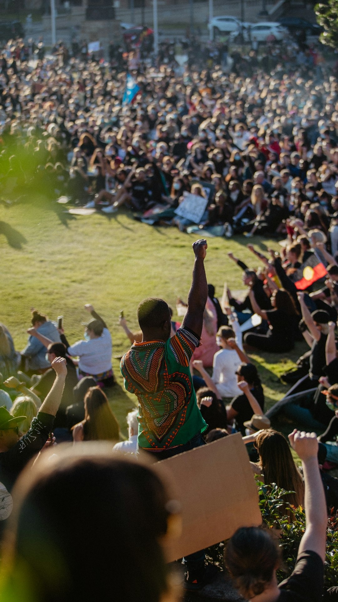 a crowd of people sitting in the grass
